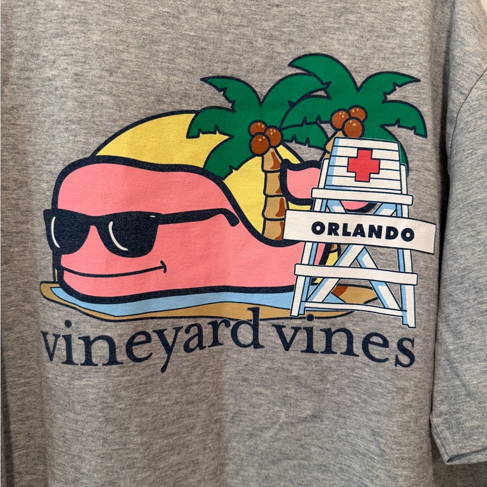 Vineyard Vines Gray Tee with Pink Whale and Palm Trees